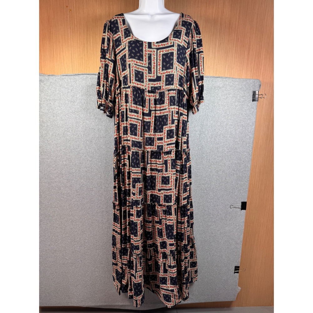 Natural Life Navy Floral Patchwork Tiered Maxi Dress Womens Medium Rayon Boho